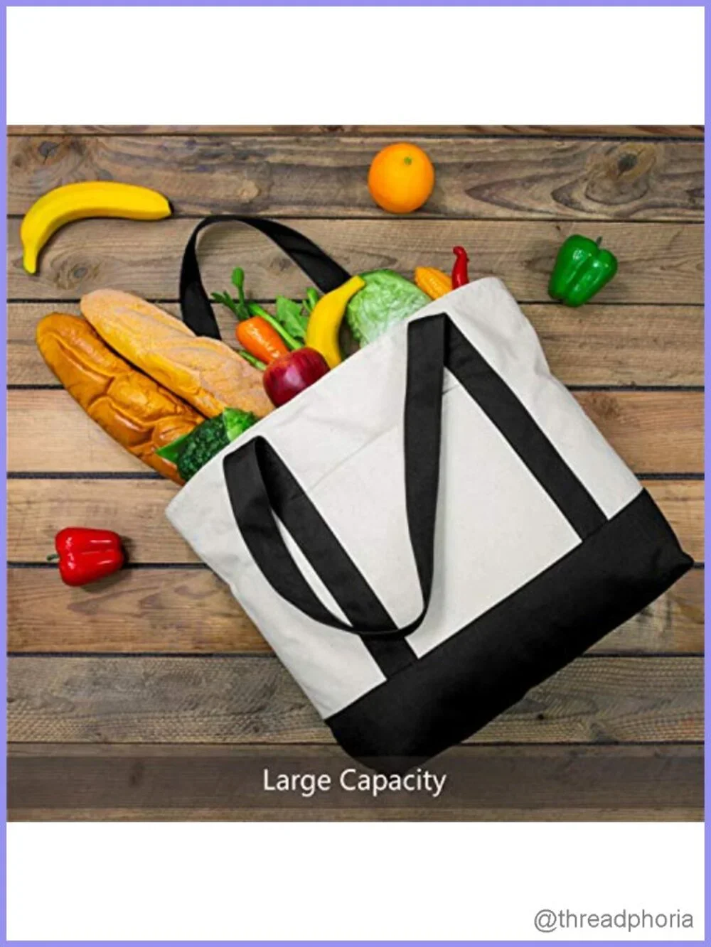 Canvas Tote Bag with External Pocket & Zipper Closure Reusable Grocery Shopping